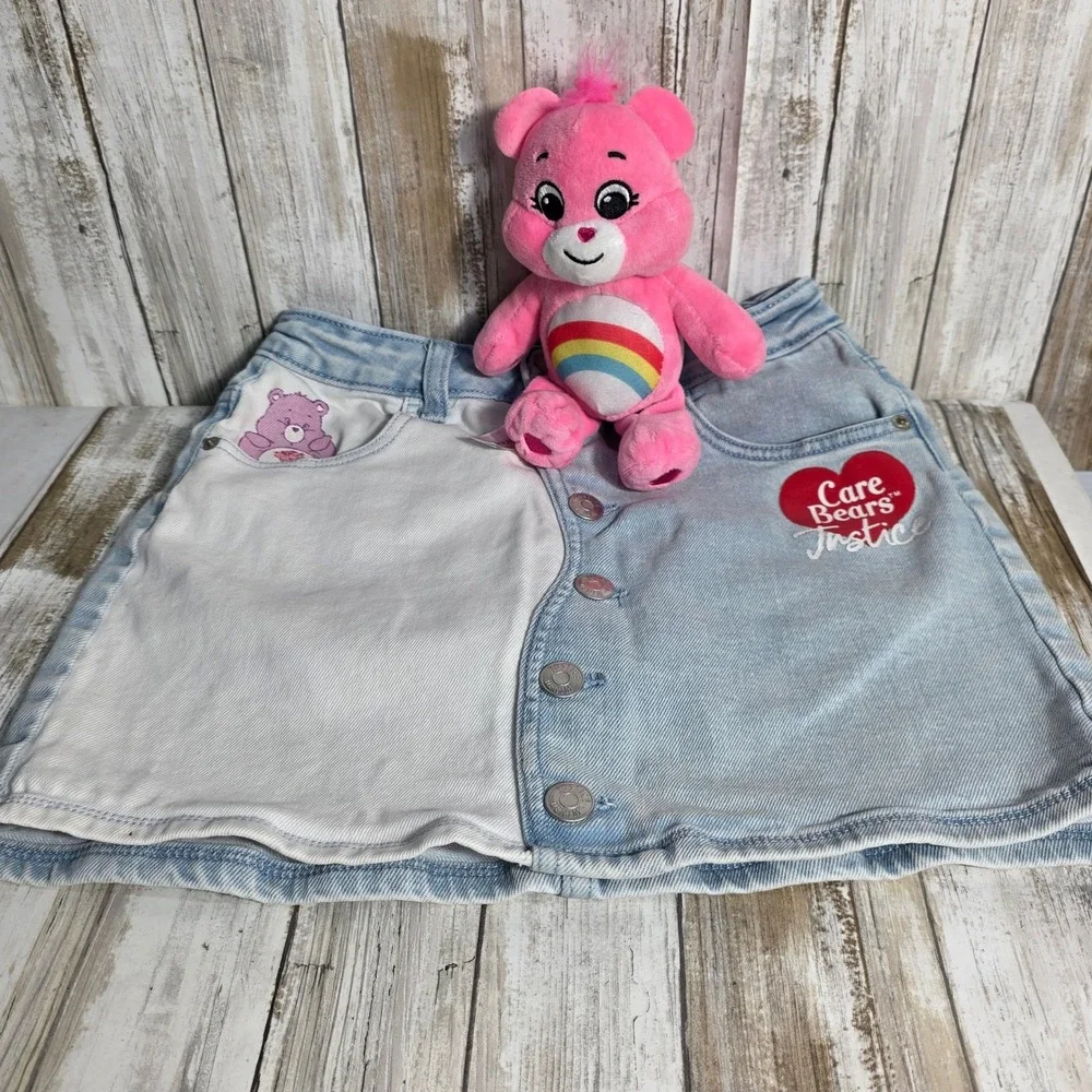 Justice Care Bears Denim Mini Skirt Light Wash Colorblock GirlButton Large 12/14